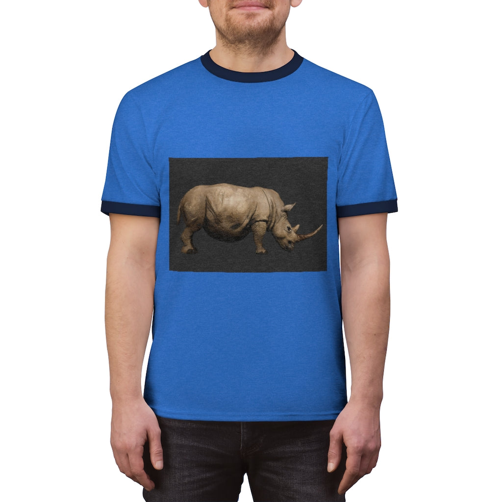 Rhino Unisex Ringer Tee in various colors, showcasing its lightweight fabric and stylish design.