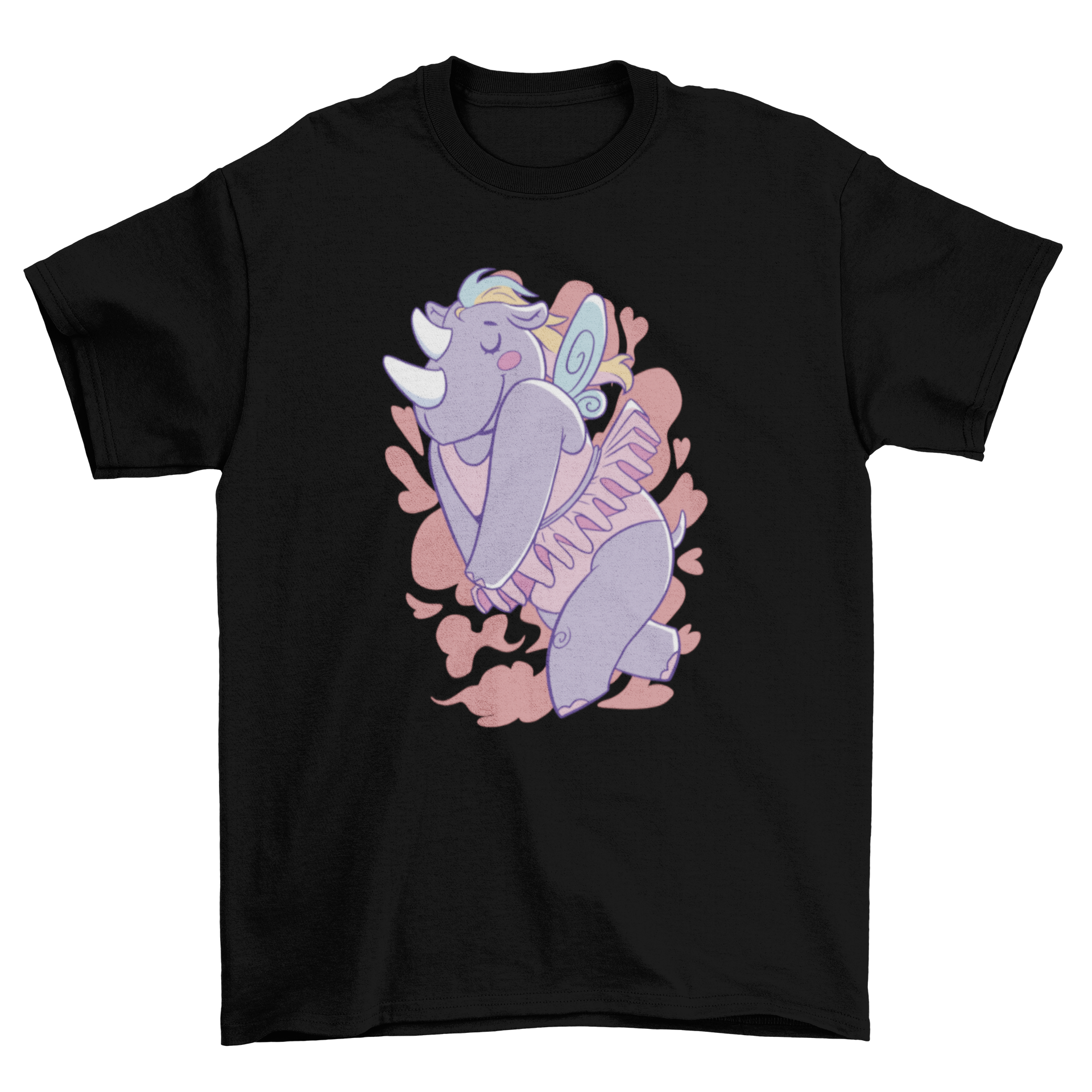 A whimsical t-shirt featuring a rhinoceros depicted as a fairy, showcasing vibrant colors and a playful design.