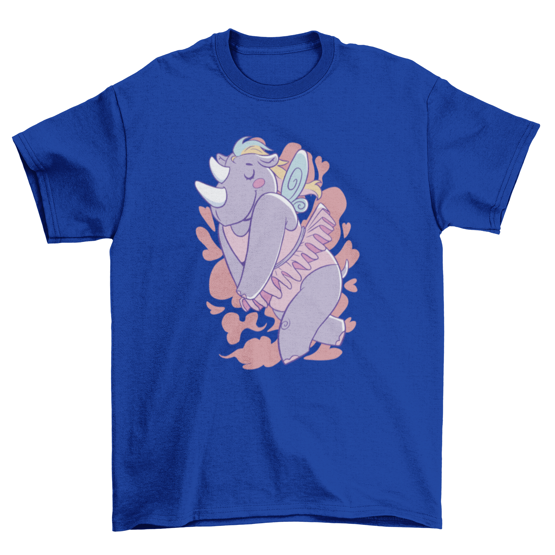 A whimsical t-shirt featuring a rhinoceros depicted as a fairy, showcasing vibrant colors and a playful design.