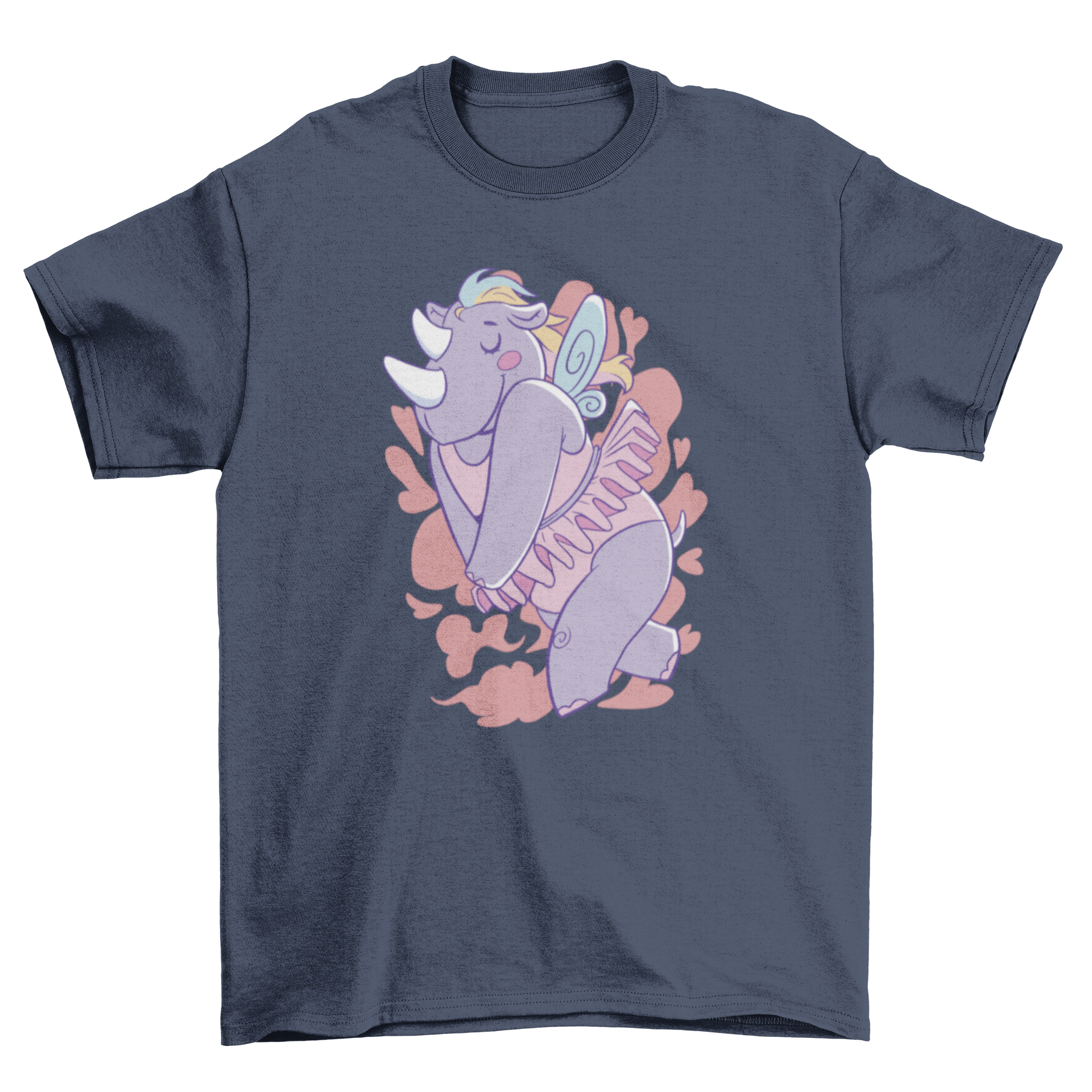 A whimsical t-shirt featuring a rhinoceros depicted as a fairy, showcasing vibrant colors and a playful design.