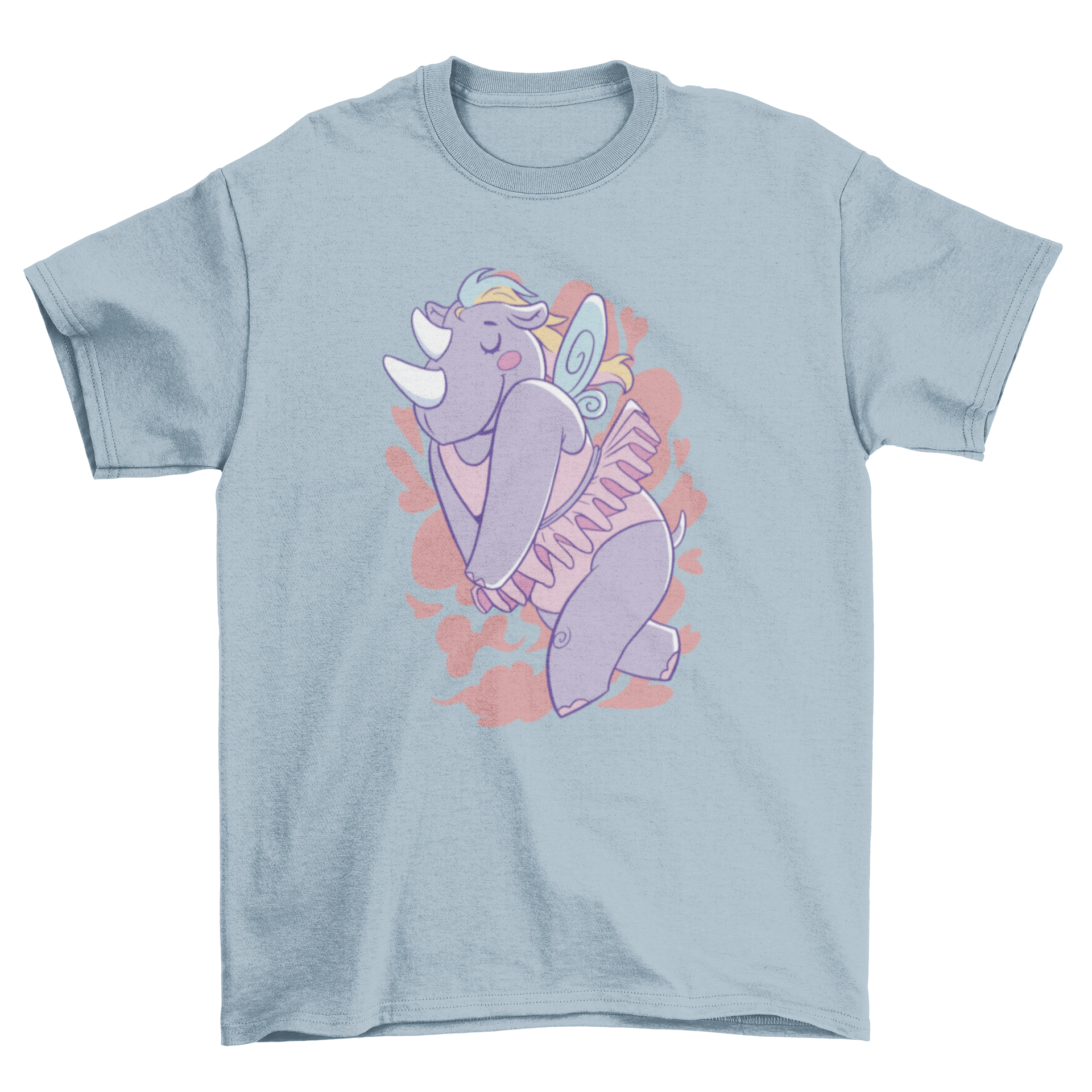 A whimsical t-shirt featuring a rhinoceros depicted as a fairy, showcasing vibrant colors and a playful design.