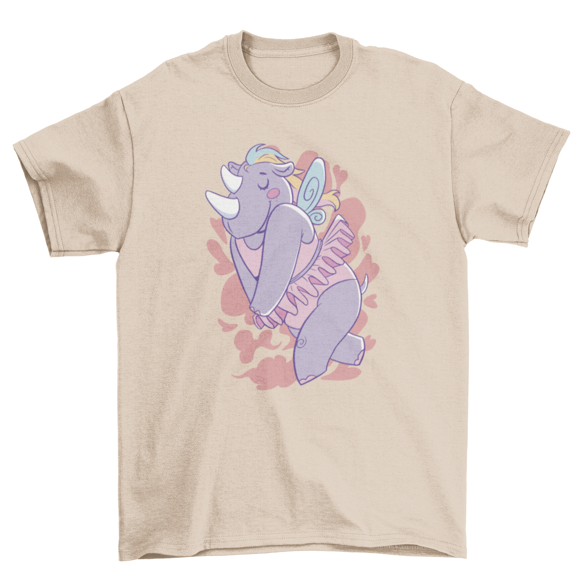A whimsical t-shirt featuring a rhinoceros depicted as a fairy, showcasing vibrant colors and a playful design.