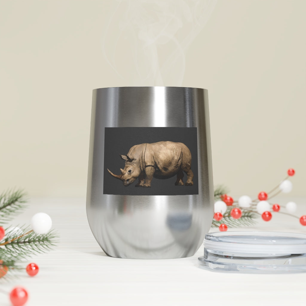 Rhinos 12oz Insulated Wine Tumbler with clear lid, showcasing a sleek stainless steel design.