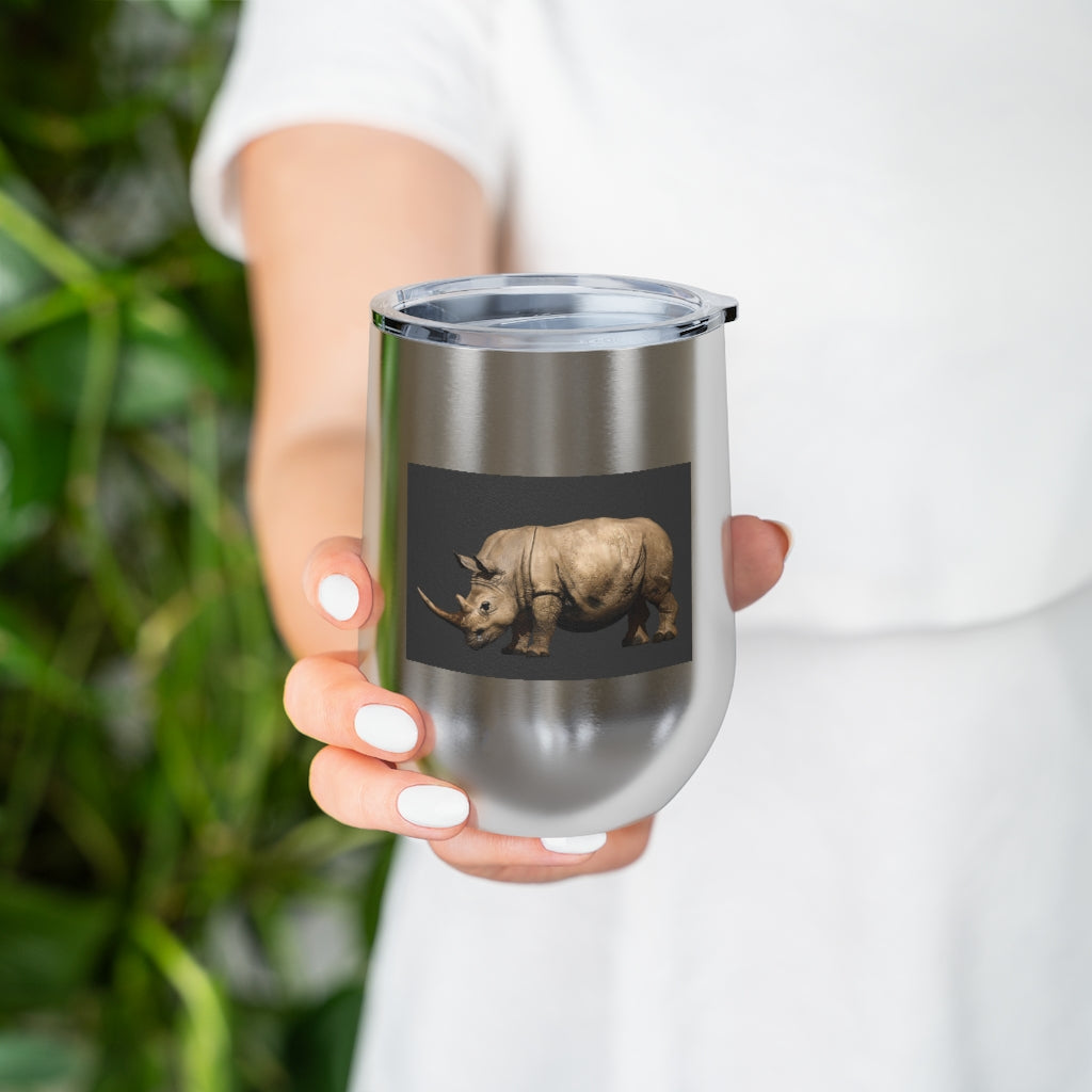 Rhinos 12oz Insulated Wine Tumbler with clear lid, showcasing a sleek stainless steel design.