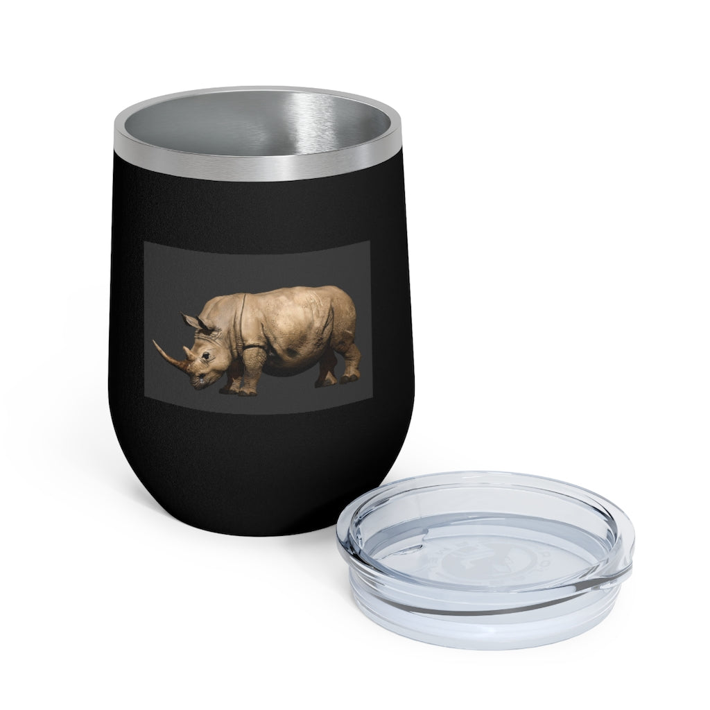 Rhinos 12oz Insulated Wine Tumbler with clear lid, showcasing a sleek stainless steel design.