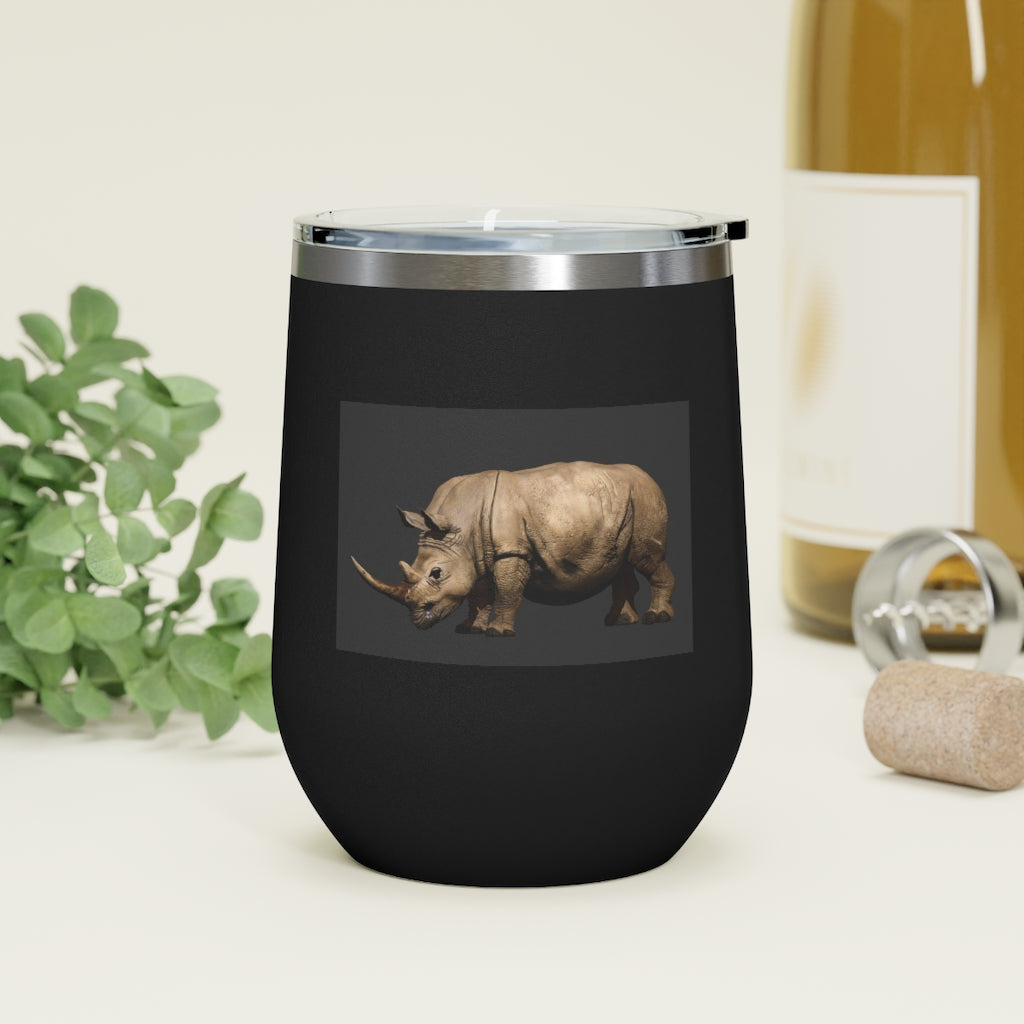 Rhinos 12oz Insulated Wine Tumbler with clear lid, showcasing a sleek stainless steel design.