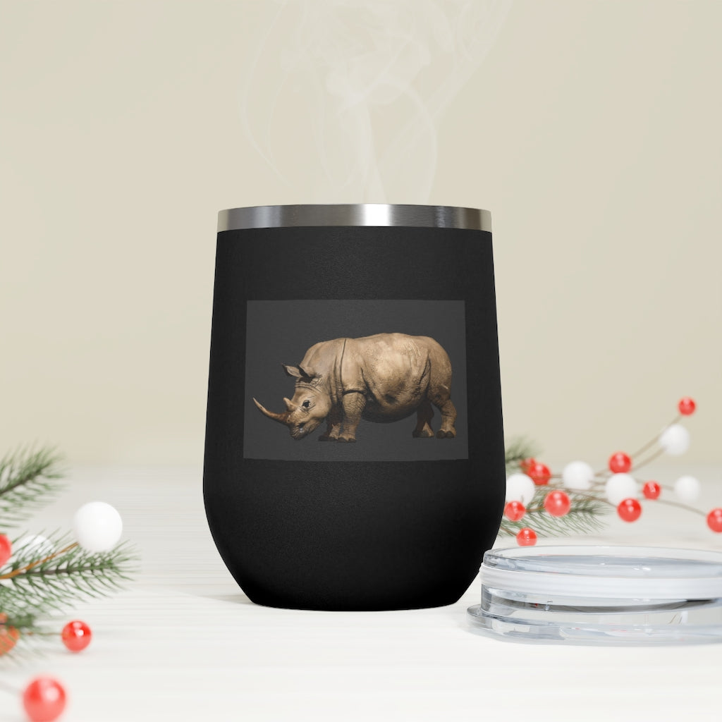 Rhinos 12oz Insulated Wine Tumbler with clear lid, showcasing a sleek stainless steel design.