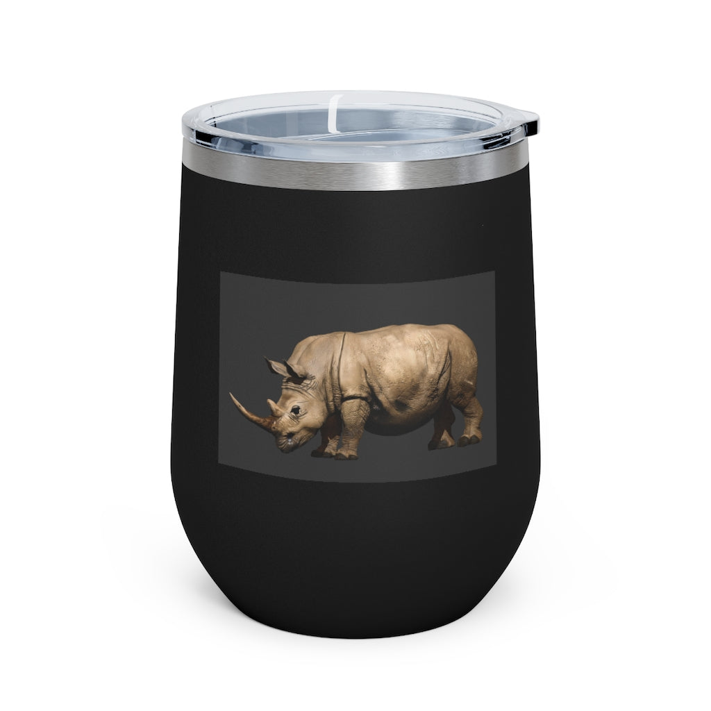 Rhinos 12oz Insulated Wine Tumbler with clear lid, showcasing a sleek stainless steel design.