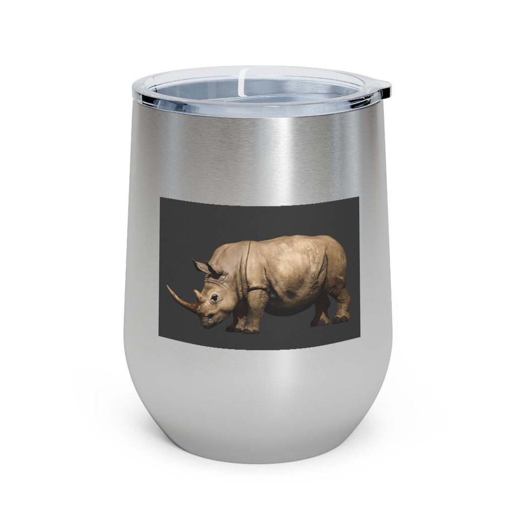 Rhinos 12oz Insulated Wine Tumbler with clear lid, showcasing a sleek stainless steel design.