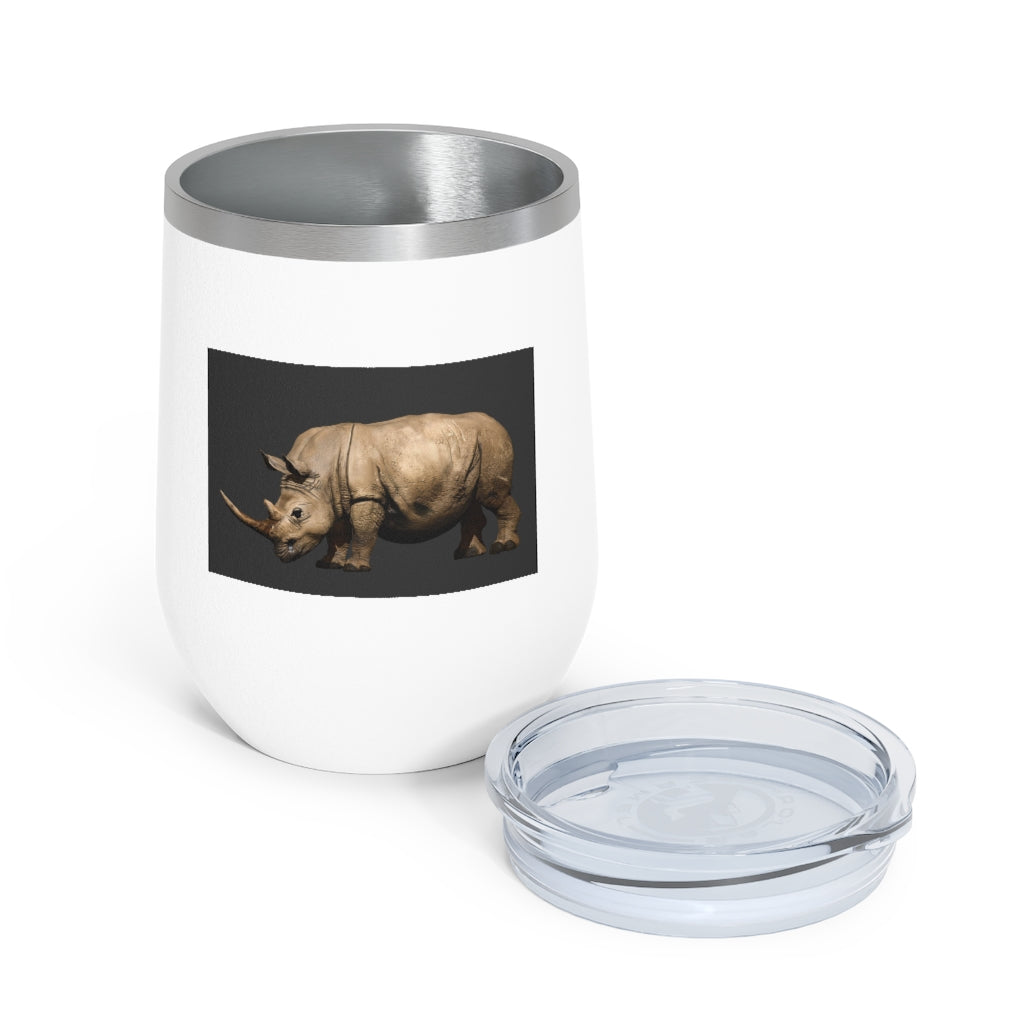Rhinos 12oz Insulated Wine Tumbler with clear lid, showcasing a sleek stainless steel design.