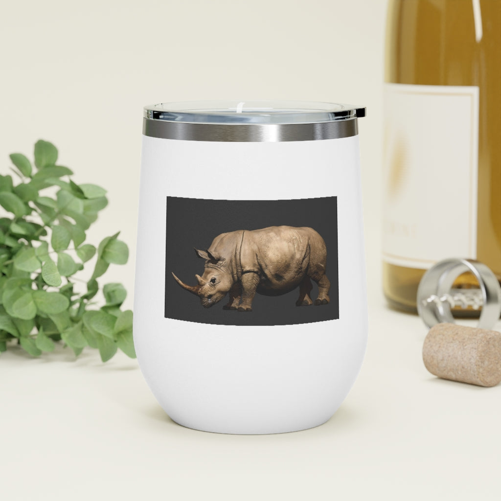 Rhinos 12oz Insulated Wine Tumbler with clear lid, showcasing a sleek stainless steel design.