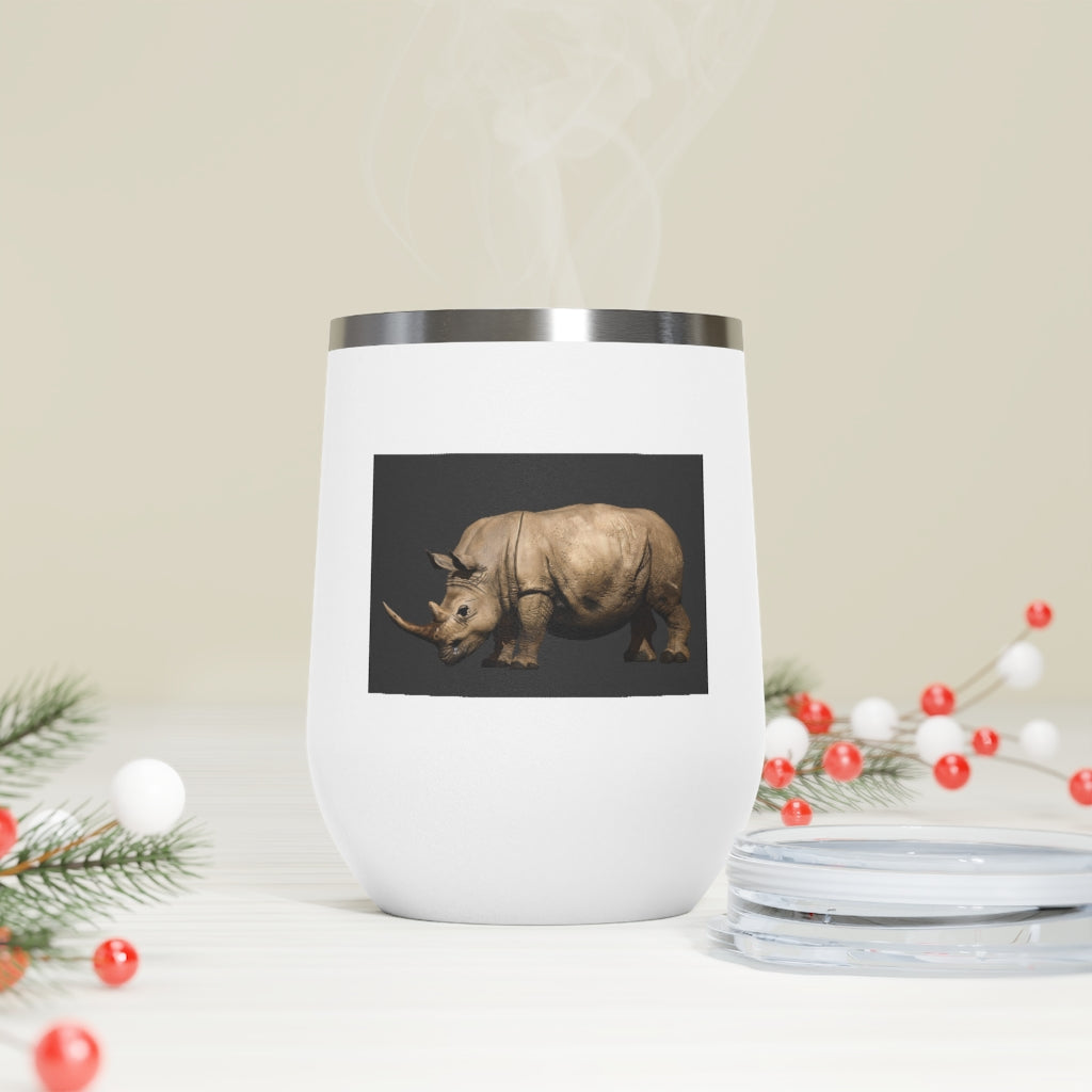 Rhinos 12oz Insulated Wine Tumbler with clear lid, showcasing a sleek stainless steel design.