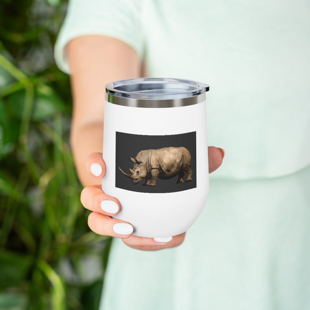 Rhinos 12oz Insulated Wine Tumbler with clear lid, showcasing a sleek stainless steel design.