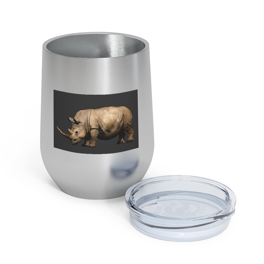Rhinos 12oz Insulated Wine Tumbler with clear lid, showcasing a sleek stainless steel design.