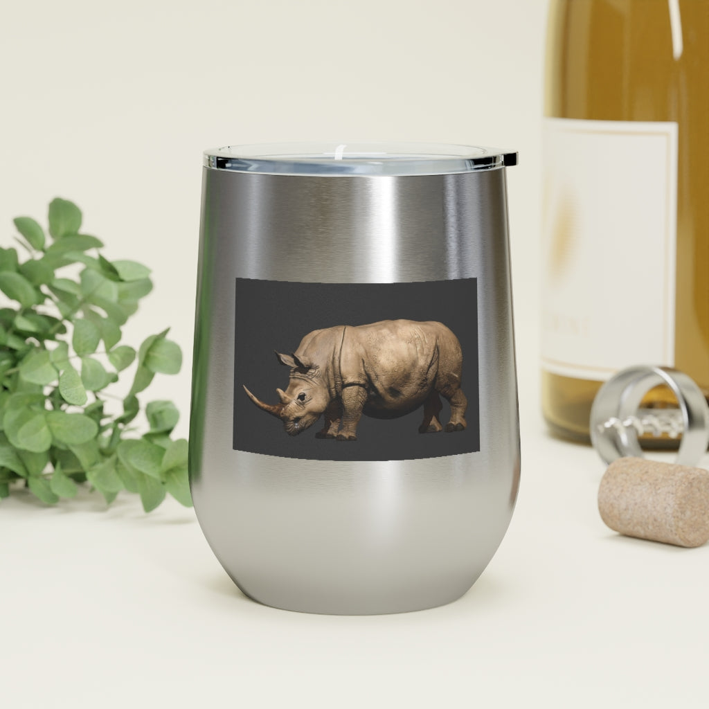 Rhinos 12oz Insulated Wine Tumbler with clear lid, showcasing a sleek stainless steel design.