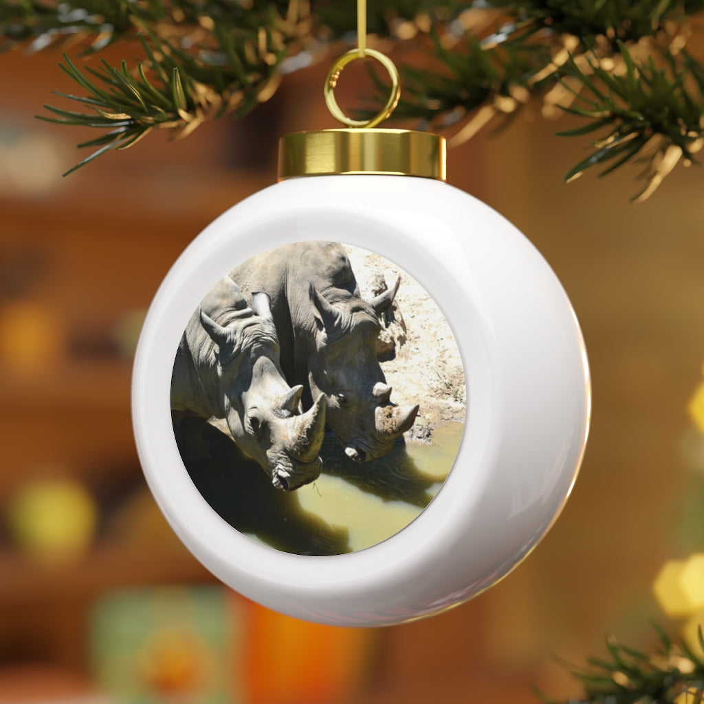 A 3-inch Rhinos Christmas Ball Ornament with a glossy finish and gold ribbon, featuring a vintage design and custom metal insert.