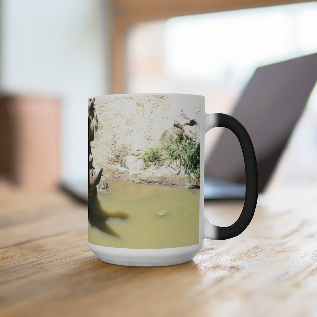 Rhinos Color Changing Mug showcasing vibrant colors when filled with hot liquid, featuring a rounded design and C-handle.
