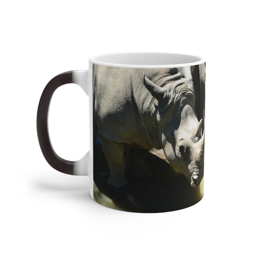 Rhinos Color Changing Mug showcasing vibrant colors when filled with hot liquid, featuring a rounded design and C-handle.