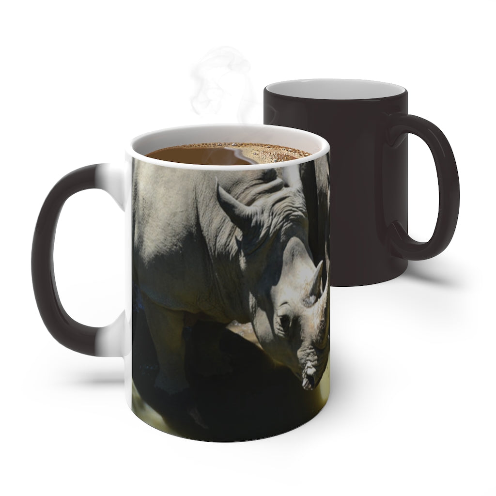 Rhinos Color Changing Mug showcasing vibrant colors when filled with hot liquid, featuring a rounded design and C-handle.