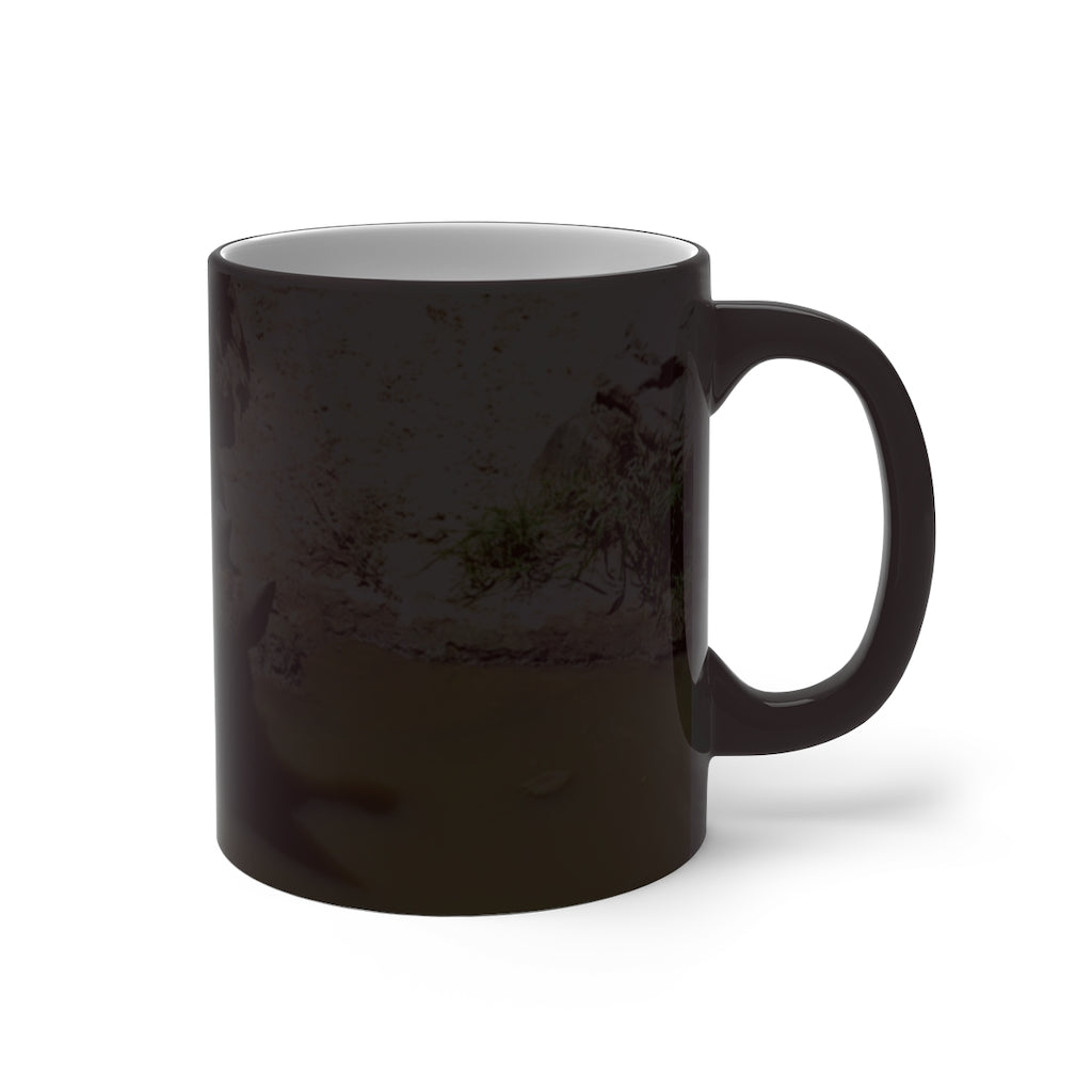 Rhinos Color Changing Mug showcasing vibrant colors when filled with hot liquid, featuring a rounded design and C-handle.