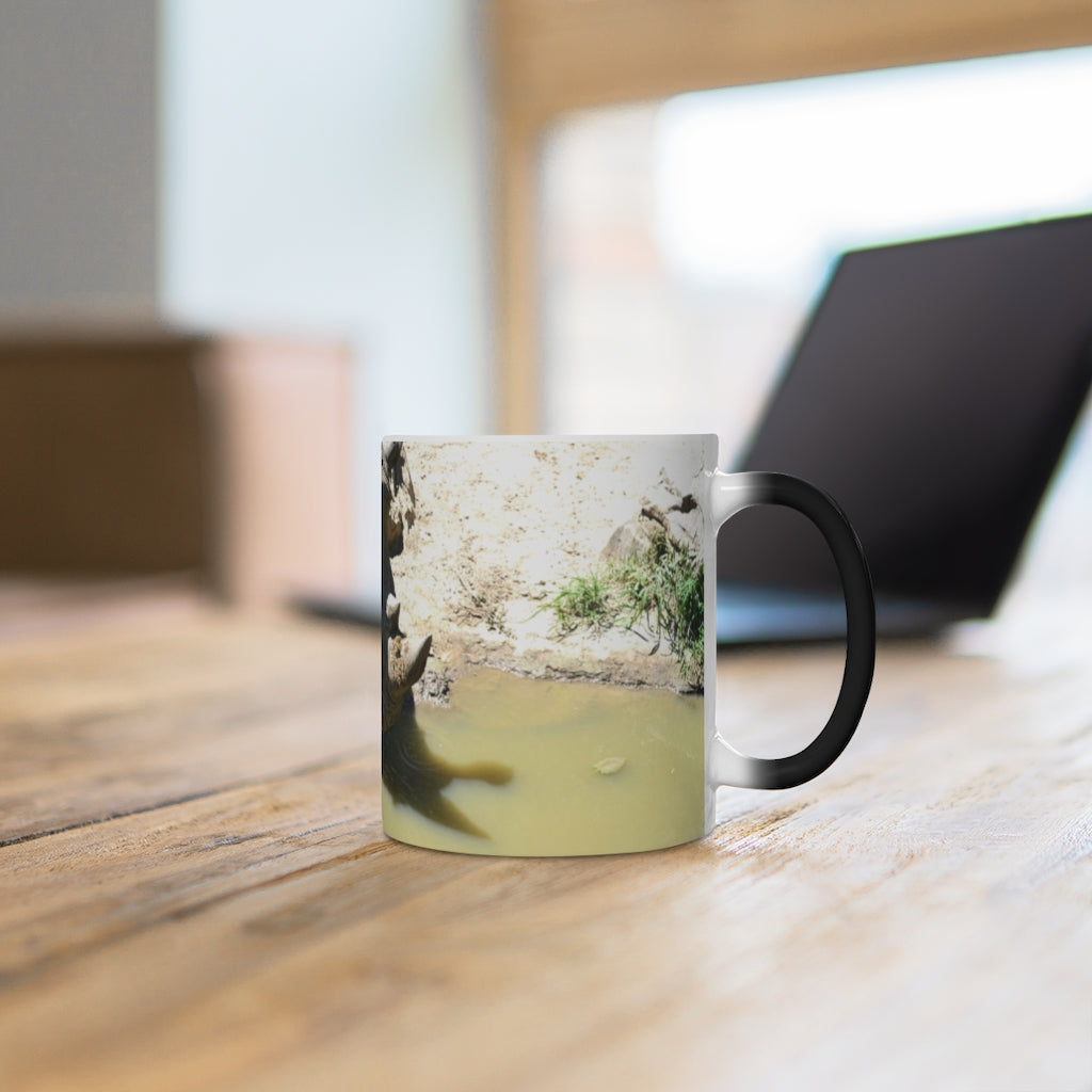 Rhinos Color Changing Mug showcasing vibrant colors when filled with hot liquid, featuring a rounded design and C-handle.