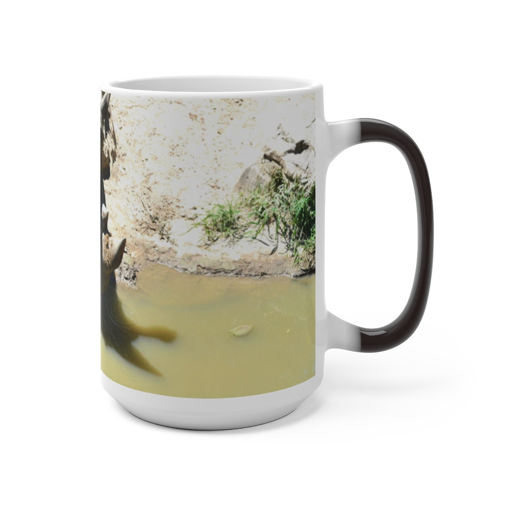 Rhinos Color Changing Mug showcasing vibrant colors when filled with hot liquid, featuring a rounded design and C-handle.