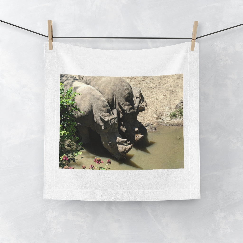 Rhinos Face Towel featuring a customizable polyester front and soft cotton back, ideal for bathroom use.
