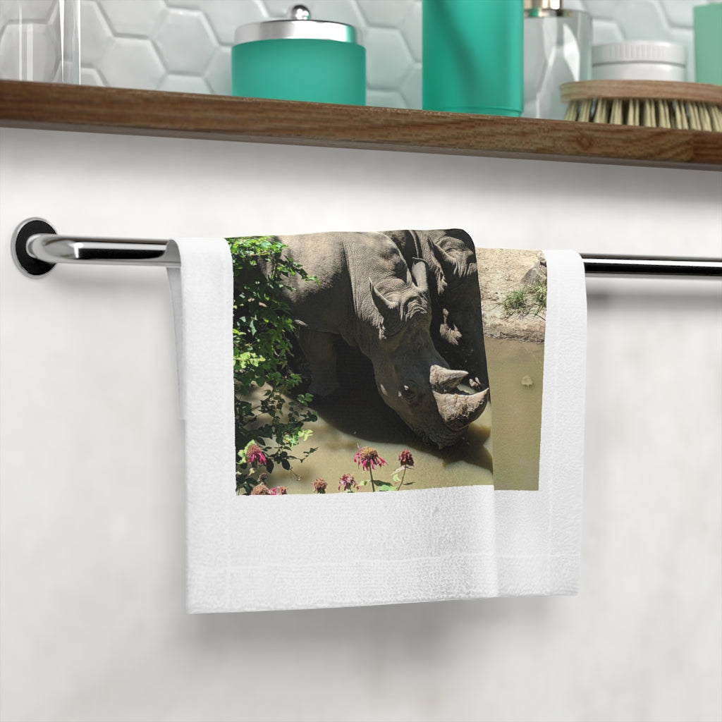 Rhinos Face Towel featuring a customizable polyester front and soft cotton back, ideal for bathroom use.