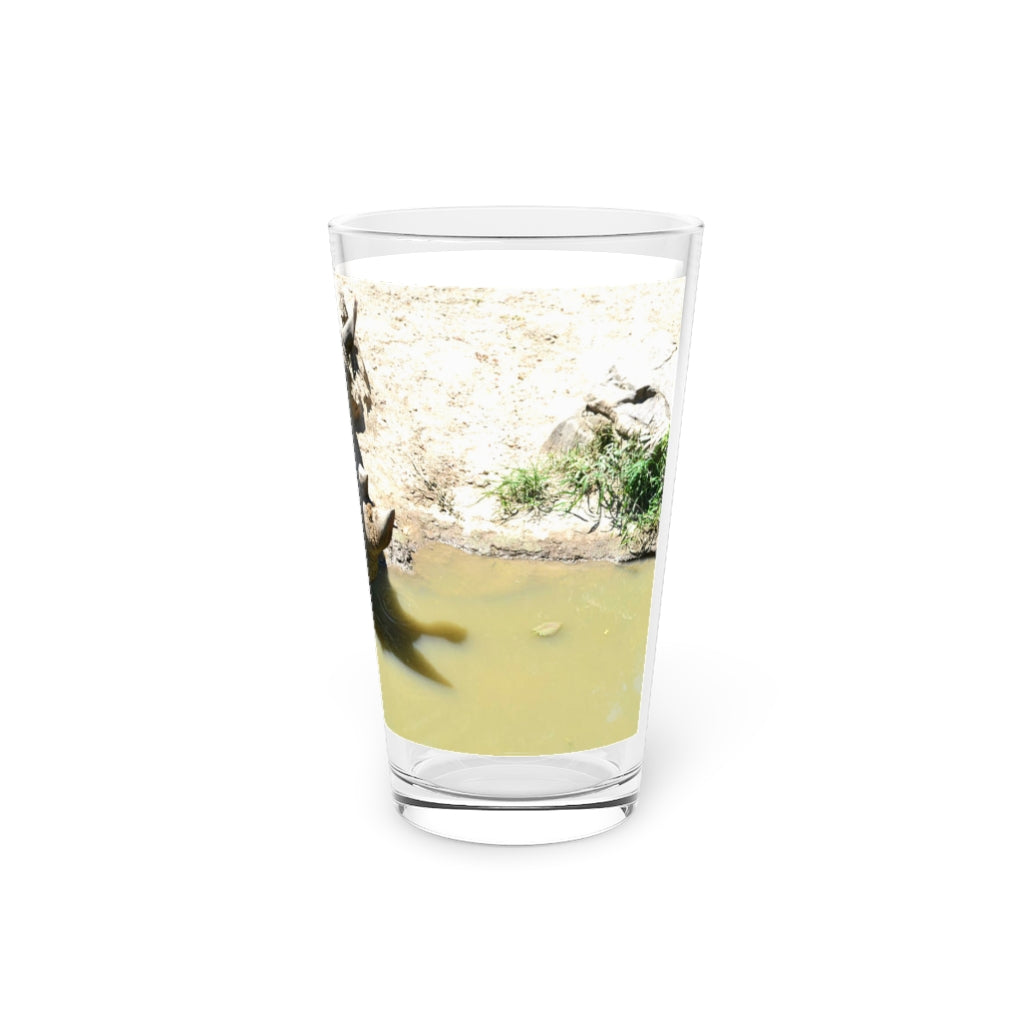 A clear 16oz Rhinos Pint Glass showcasing its sleek design, perfect for personalized drinks.
