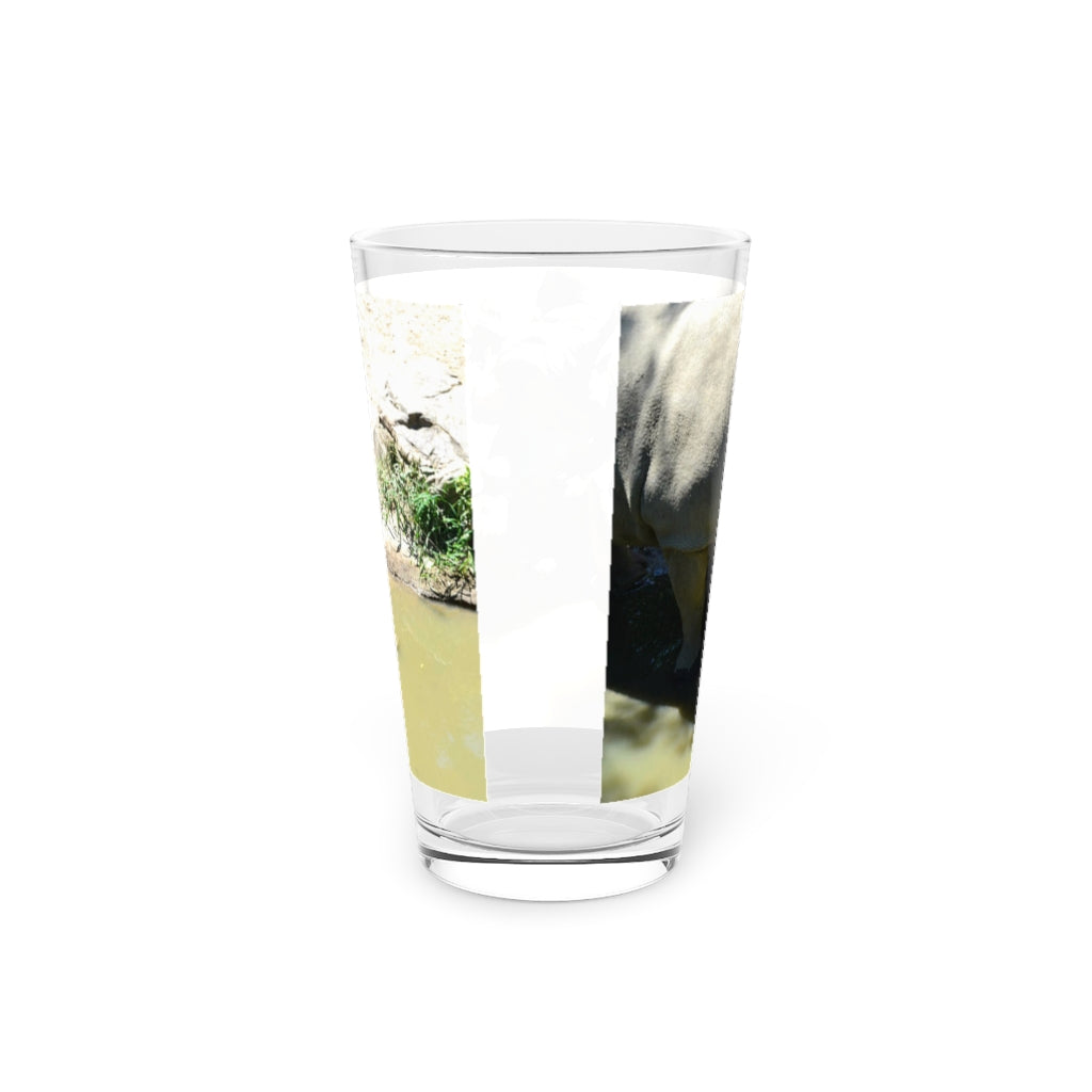A clear 16oz Rhinos Pint Glass showcasing its sleek design, perfect for personalized drinks.
