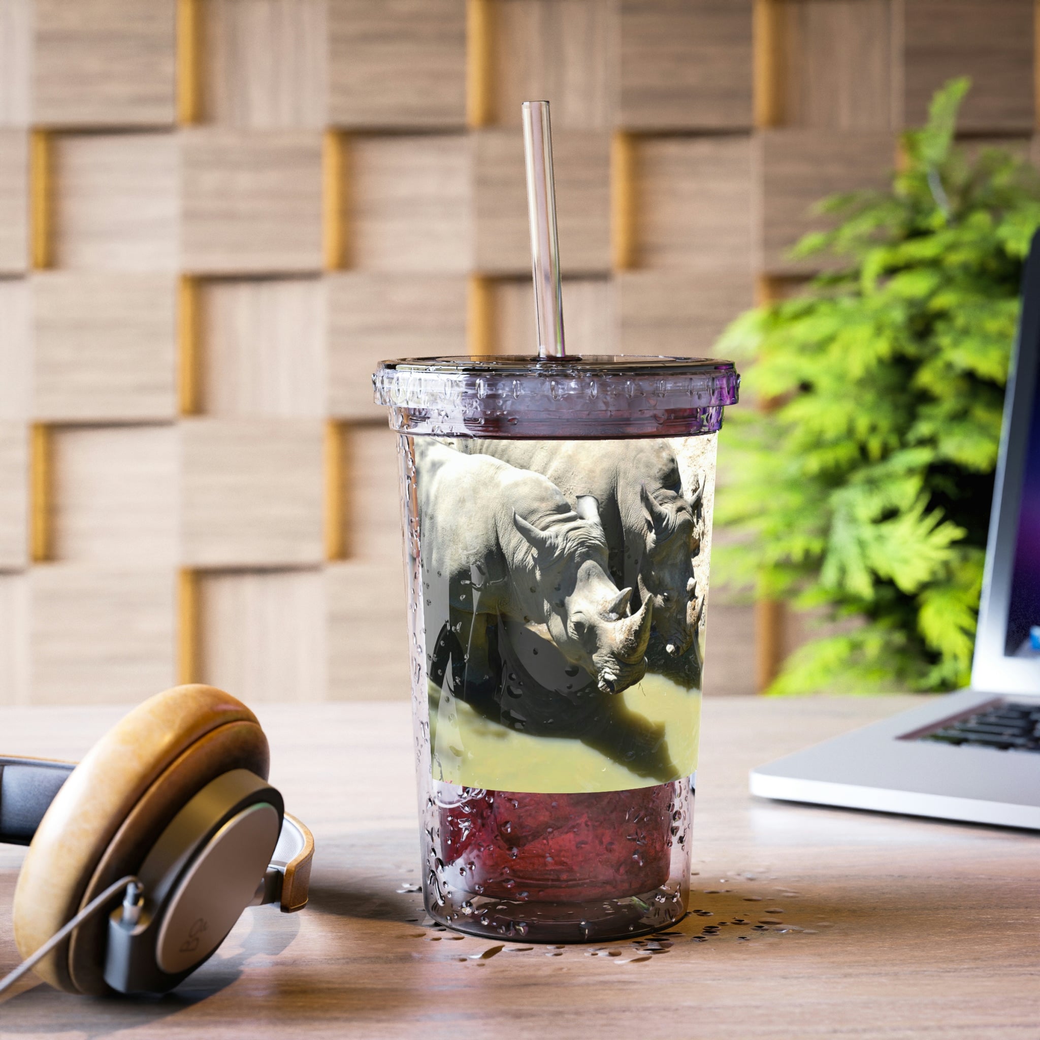 Rhinos Suave Acrylic Cup with double-wall insulation, featuring a vibrant custom design and a plastic lid with a straw.
