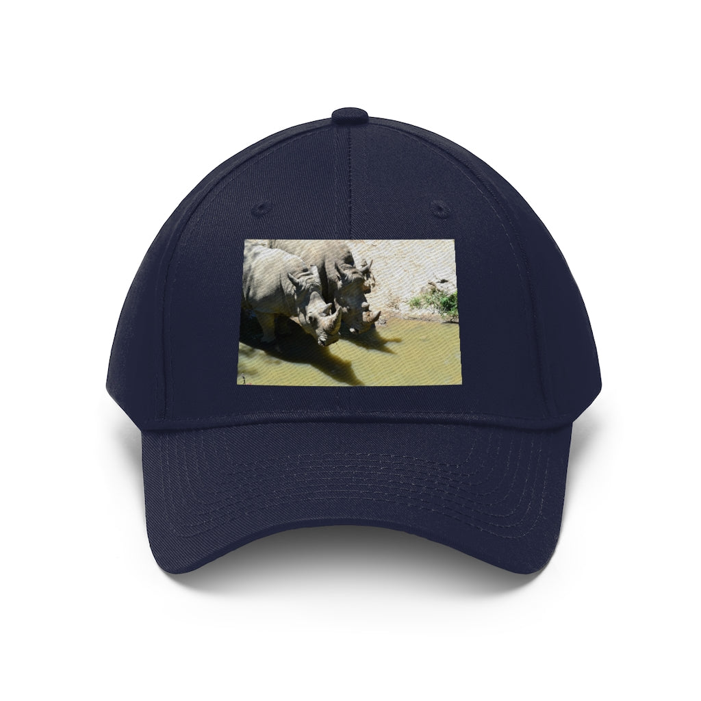 Rhinos Unisex Twill Hat showcasing a classic 6-panel design in durable cotton twill with adjustable Velcro closure.