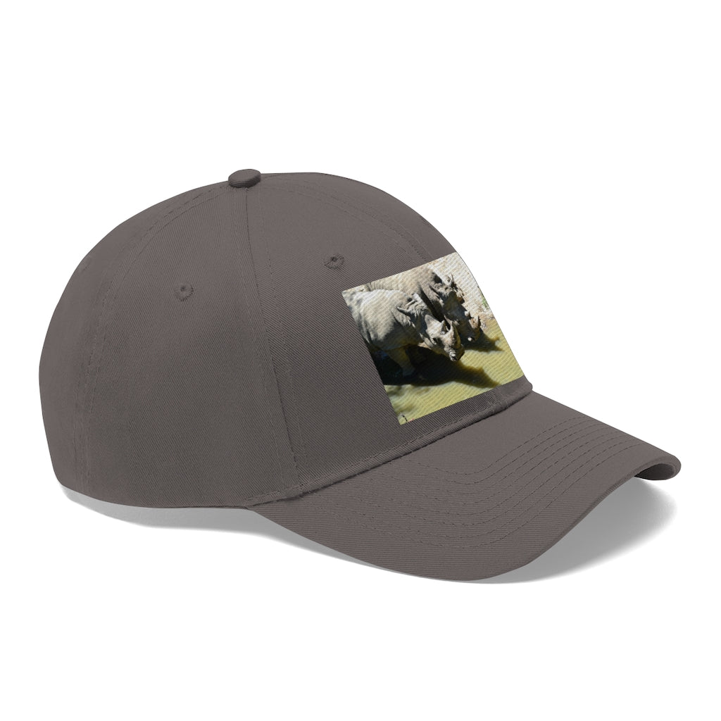 Rhinos Unisex Twill Hat showcasing a classic 6-panel design in durable cotton twill with adjustable Velcro closure.