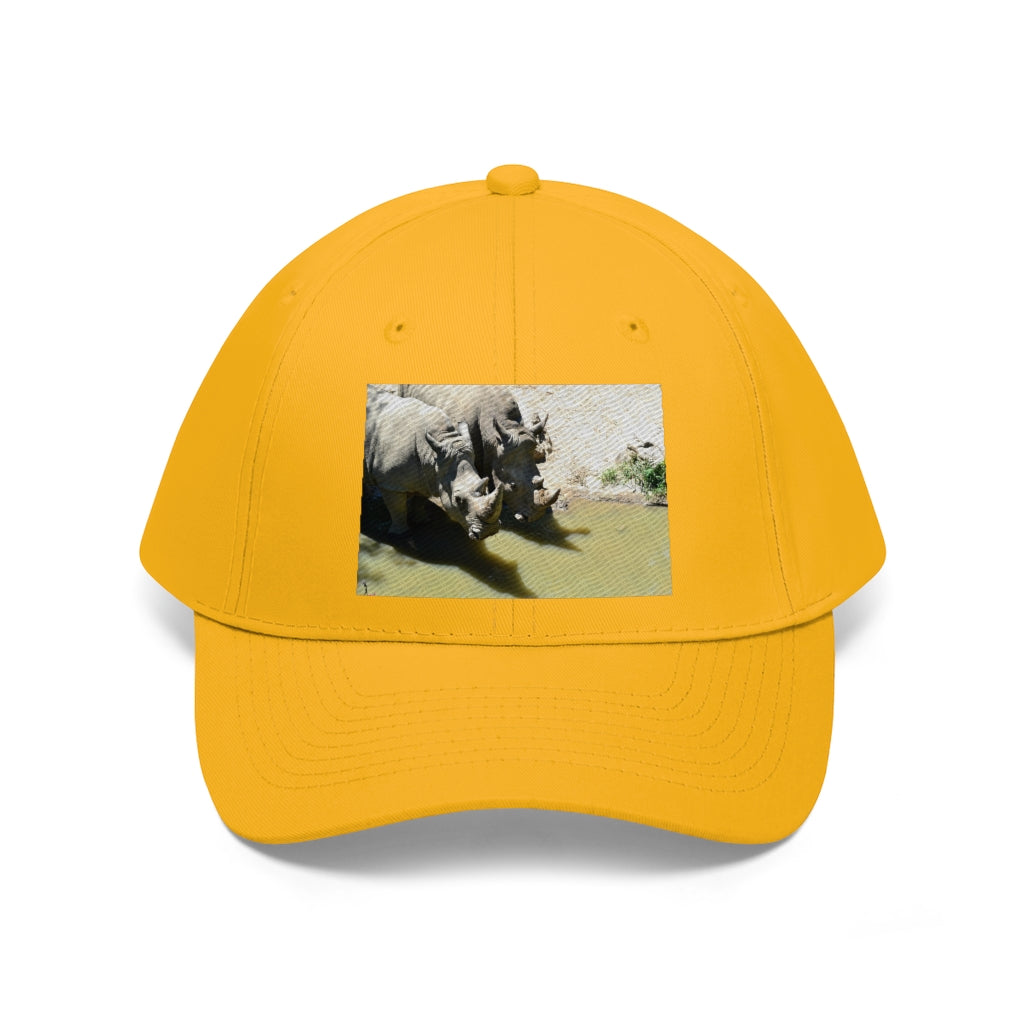 Rhinos Unisex Twill Hat showcasing a classic 6-panel design in durable cotton twill with adjustable Velcro closure.