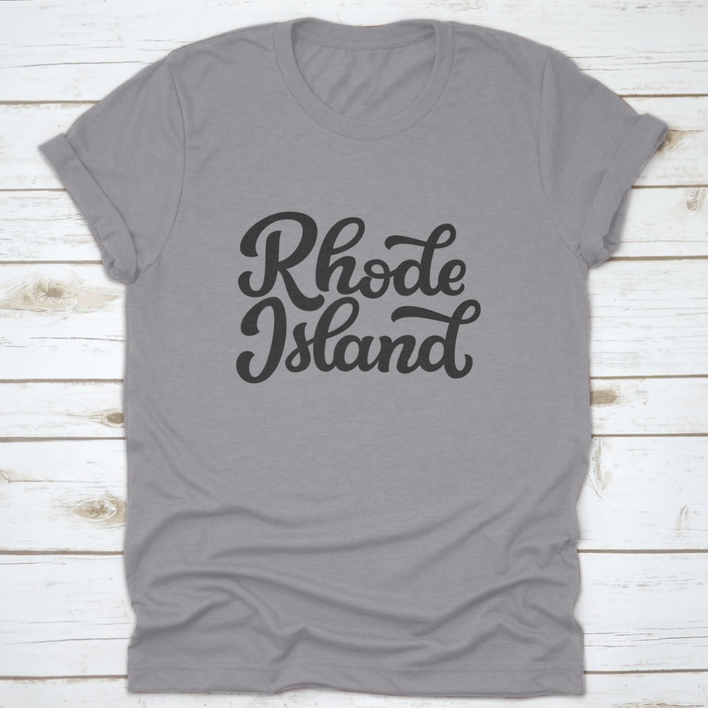 A hand-drawn design of Rhode Island on a white background, featured on a comfortable cotton t-shirt.