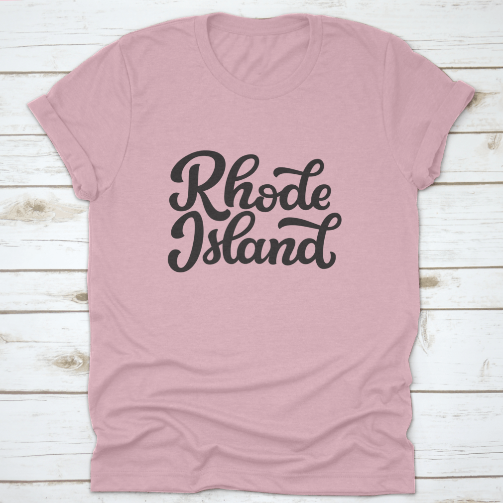 A hand-drawn design of Rhode Island on a white background, featured on a comfortable cotton t-shirt.