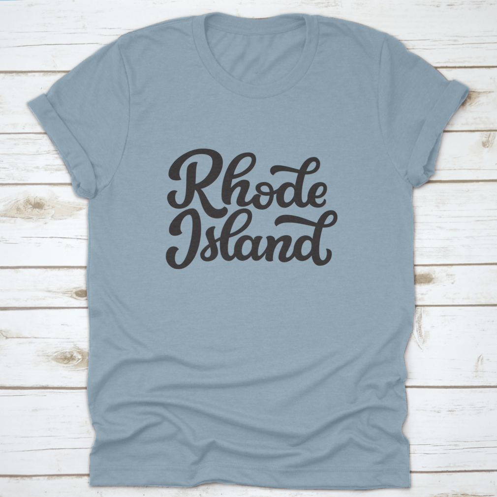 A hand-drawn design of Rhode Island on a white background, featured on a comfortable cotton t-shirt.