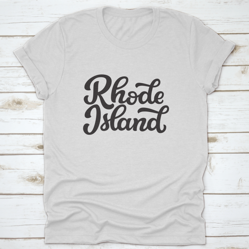 A hand-drawn design of Rhode Island on a white background, featured on a comfortable cotton t-shirt.