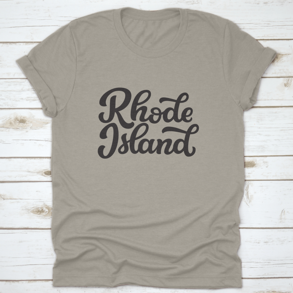 A hand-drawn design of Rhode Island on a white background, featured on a comfortable cotton t-shirt.