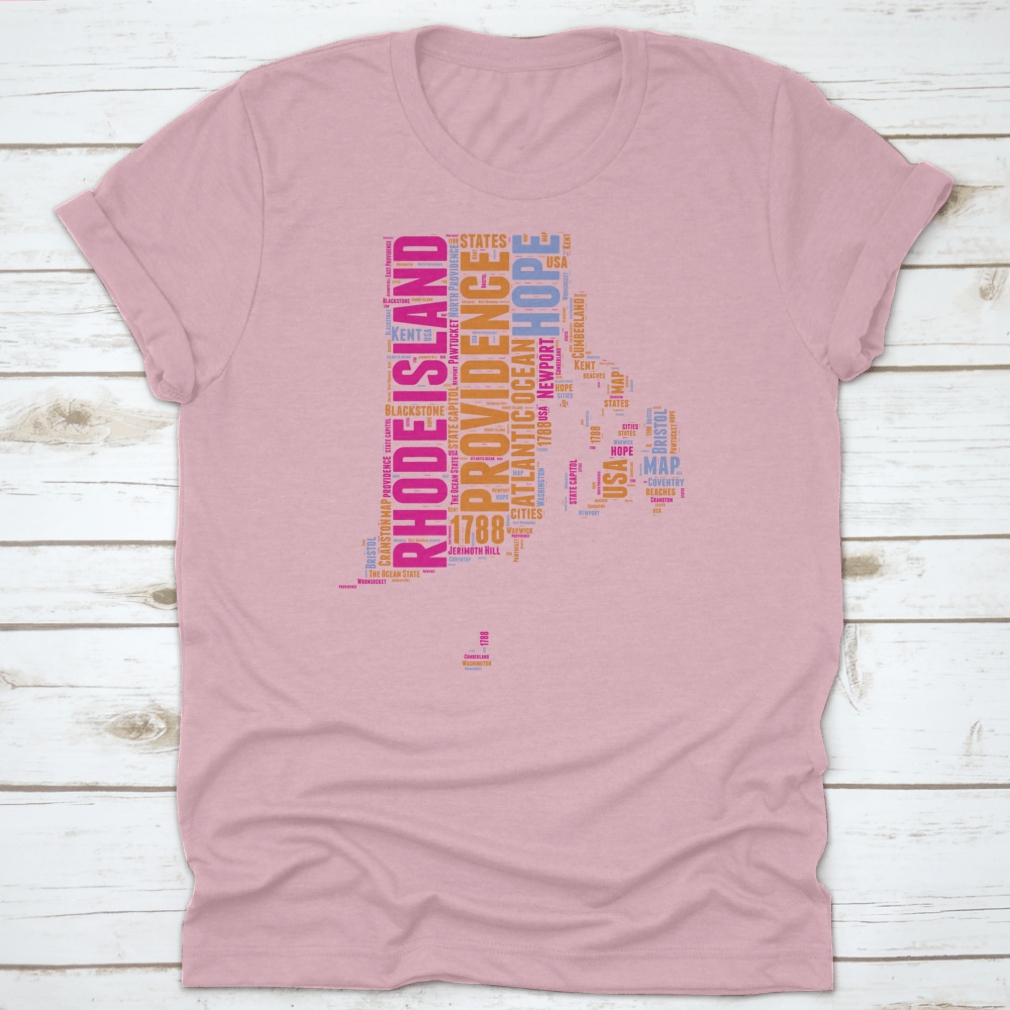 Rhode Island USA State Map Vector Tag Cloud Illustration showcasing various landmarks and cultural references in a colorful design.