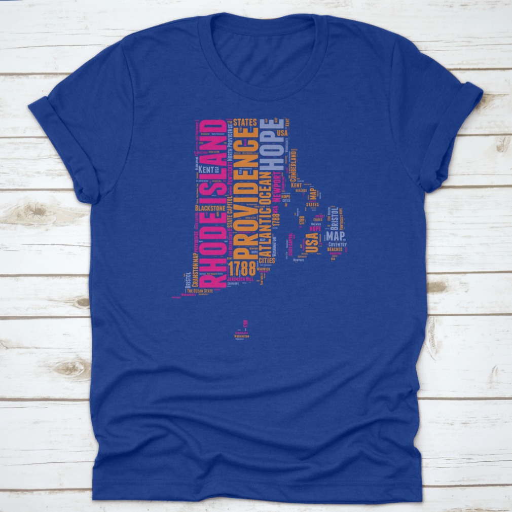 Rhode Island USA State Map Vector Tag Cloud Illustration showcasing various landmarks and cultural references in a colorful design.