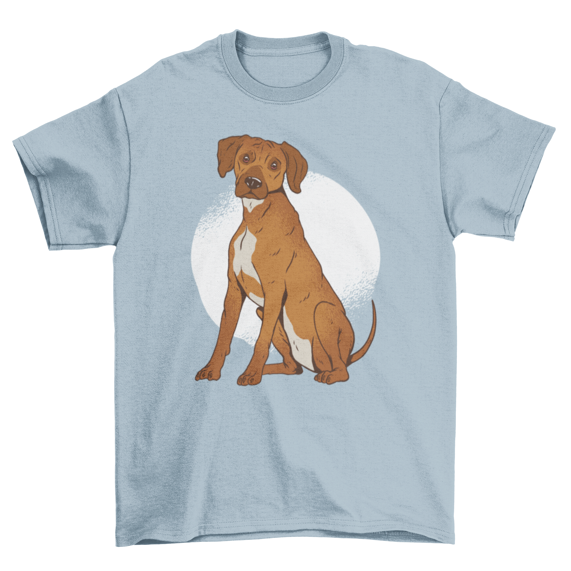 Rhodesian Ridgeback T-shirt featuring a dog design on a white circular grunge background.