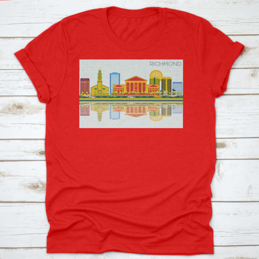 Richmond Skyline t-shirt featuring colorful buildings against a blue sky, showcasing urban aesthetics and comfort.