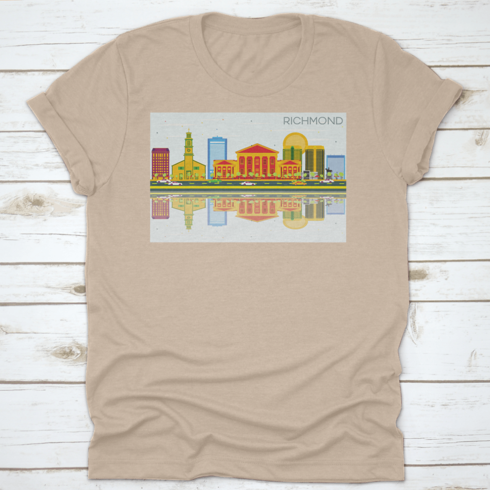 Richmond Skyline t-shirt featuring colorful buildings against a blue sky, showcasing urban aesthetics and comfort.