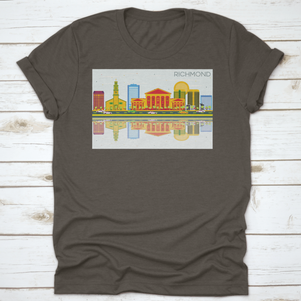 Richmond Skyline t-shirt featuring colorful buildings against a blue sky, showcasing urban aesthetics and comfort.
