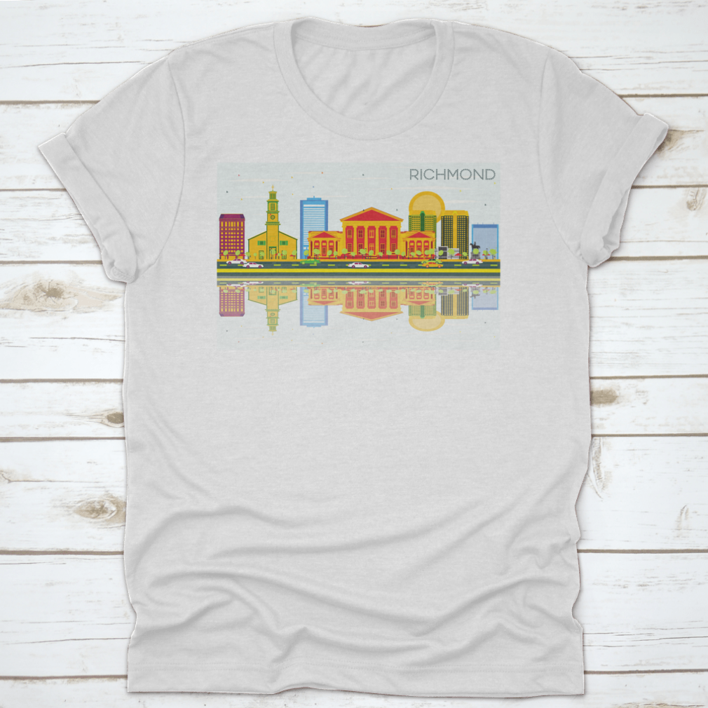 Richmond Skyline t-shirt featuring colorful buildings against a blue sky, showcasing urban aesthetics and comfort.