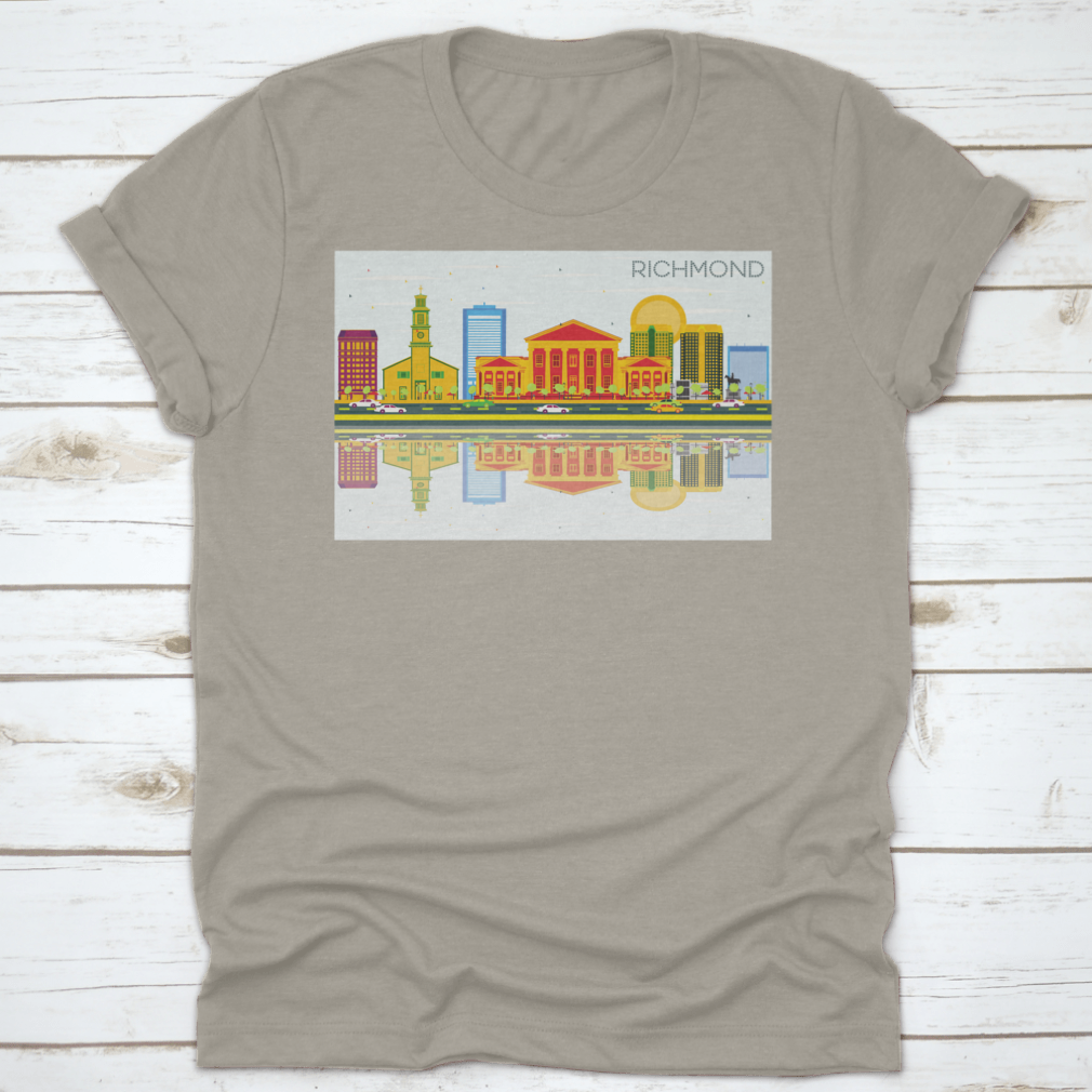 Richmond Skyline t-shirt featuring colorful buildings against a blue sky, showcasing urban aesthetics and comfort.