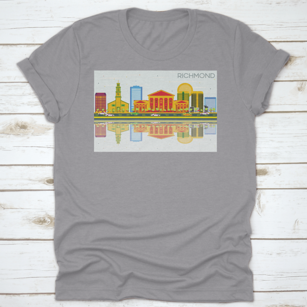 Richmond Skyline t-shirt featuring colorful buildings against a blue sky, showcasing urban aesthetics and comfort.