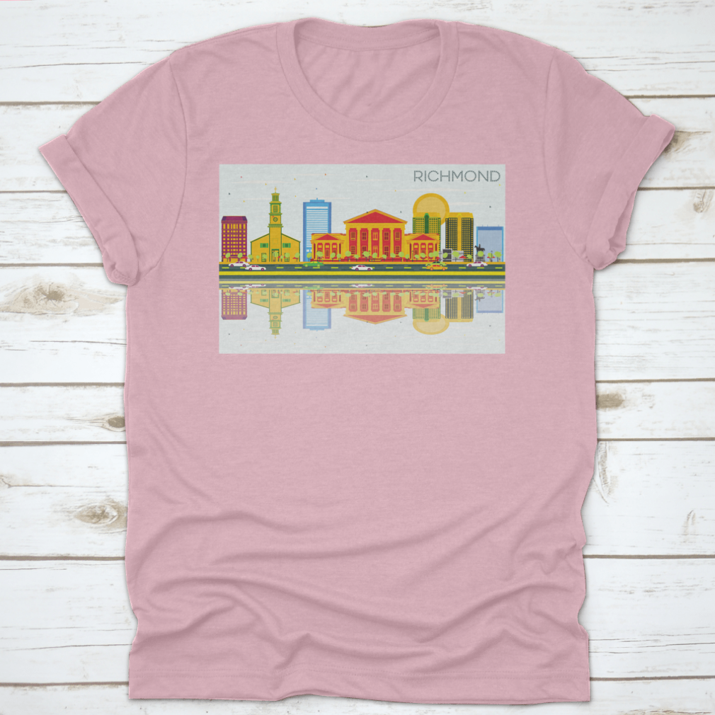 Richmond Skyline t-shirt featuring colorful buildings against a blue sky, showcasing urban aesthetics and comfort.