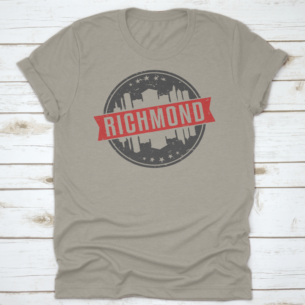 Richmond Virginia Round Travel Stamp Icon Skyline design on a cotton t-shirt, showcasing the city's skyline in a stylish and modern graphic.